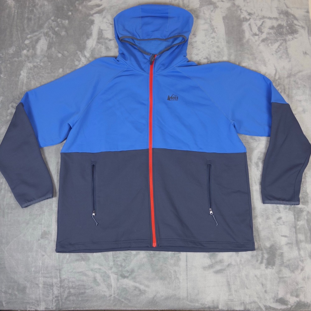 REI Co-op Softshell Jacket Mens XXL Blue Colorblock Hooded Full Zip Hiking